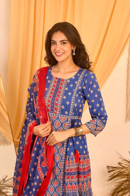 Bannisaa Indigo & Red Ajrakh-Inspired Cotton 3-Piece Kurta Set with Dupatta