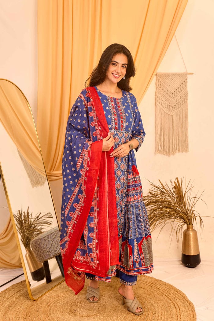 Bannisaa Indigo & Red Ajrakh-Inspired Cotton 3-Piece Kurta Set with Dupatta