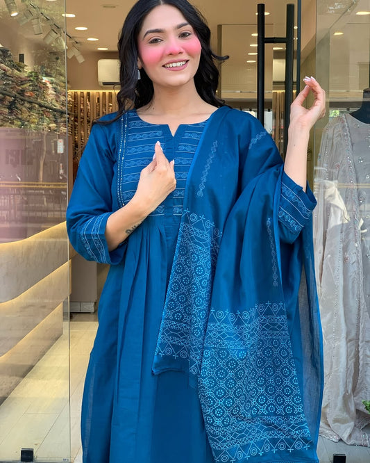 Bannisaa Teal Blue Handblock Cotton 3 piece Kurta Set with Dupatta