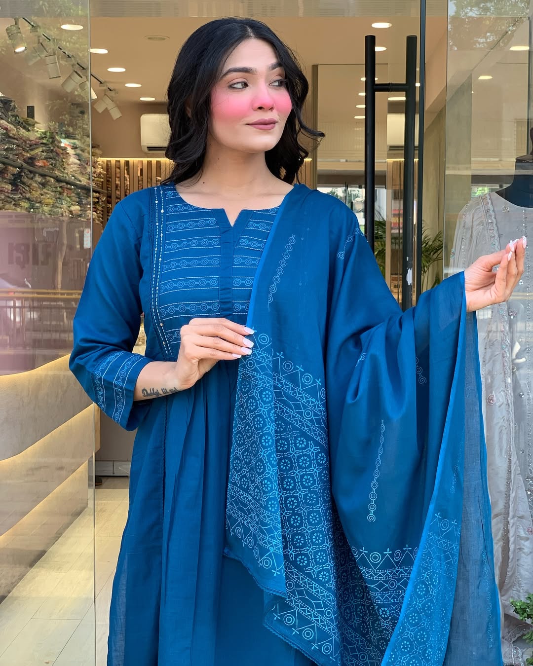 Bannisaa Teal Blue Handblock Cotton 3 piece Kurta Set with Dupatta