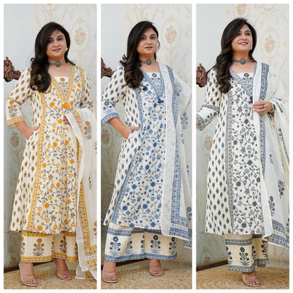 Bannisaa New Floral Motif Handblock Cotton Kurta 3 piece suit