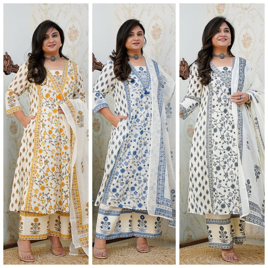 Bannisaa New Floral Motif Handblock Cotton Kurta 3 piece suit
