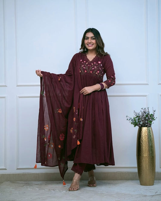 Bannisaa Maroon Embroidered Cotton Anarkali 3 piece Set with Dupatta