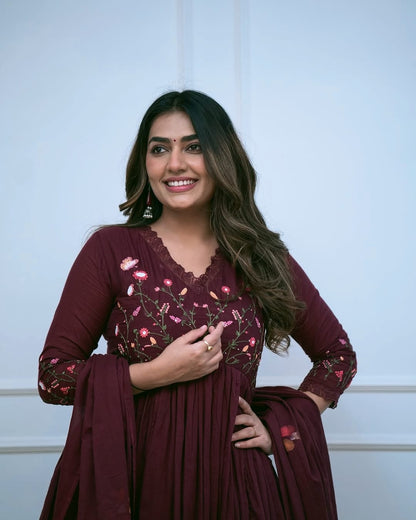 Bannisaa Maroon Embroidered Cotton Anarkali 3 piece Set with Dupatta