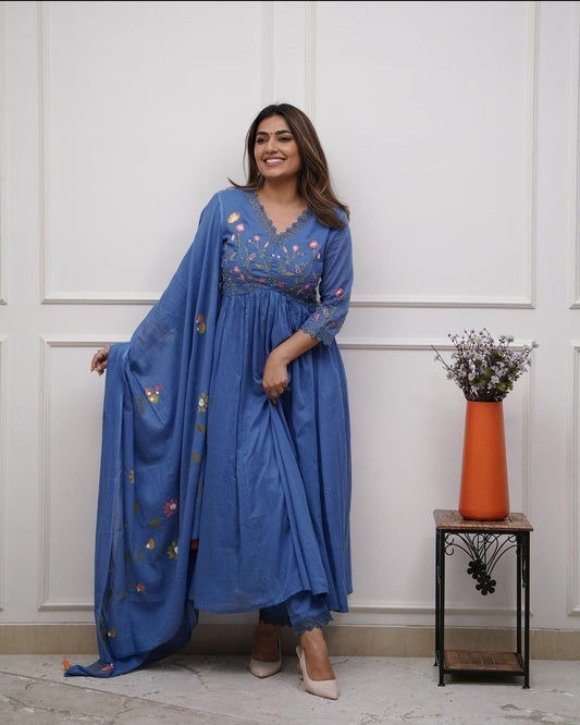 Slate Blue Embroidered 3 piece Anarkali Kurta Set