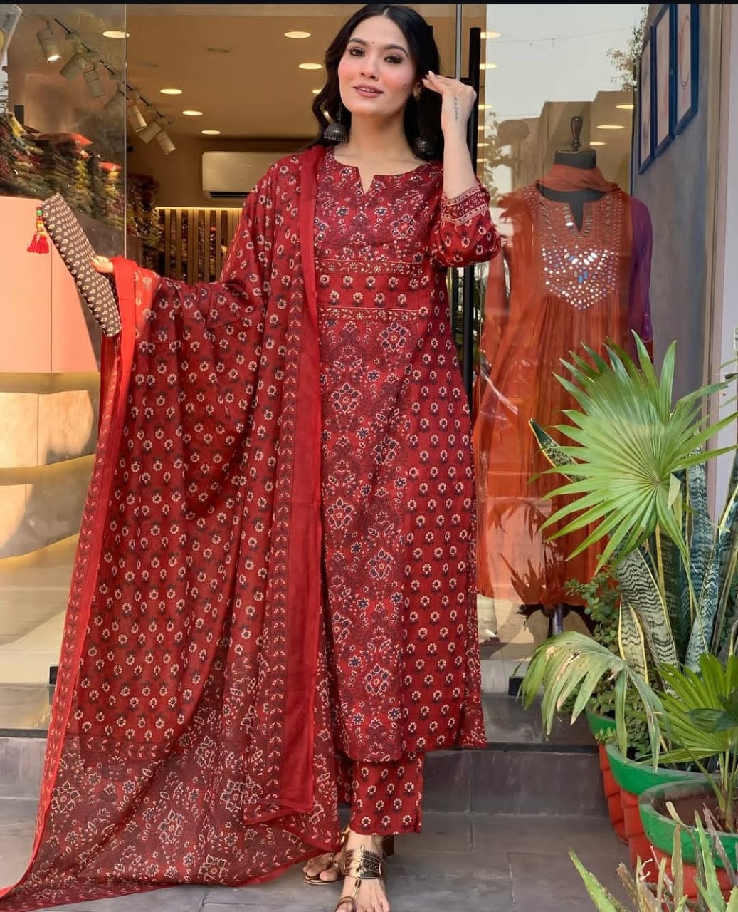 Bannisaa Ajrakh Heritage Red Block Print Pure Cotton 3pc Suit