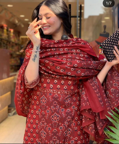 Bannisaa Ajrakh Heritage Red Block Print Pure Cotton 3pc Suit