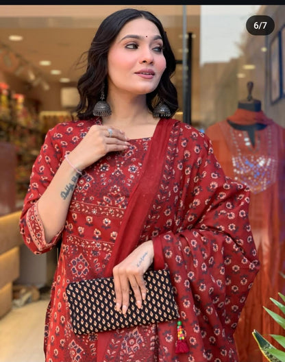 Bannisaa Ajrakh Heritage Red Block Print Pure Cotton 3pc Suit