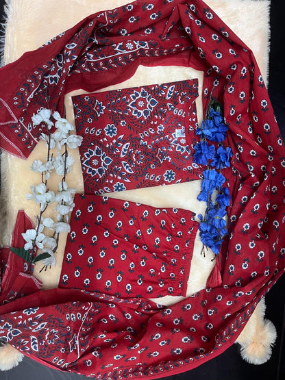 Bannisaa Ajrakh Heritage Red Block Print Pure Cotton 3pc Suit