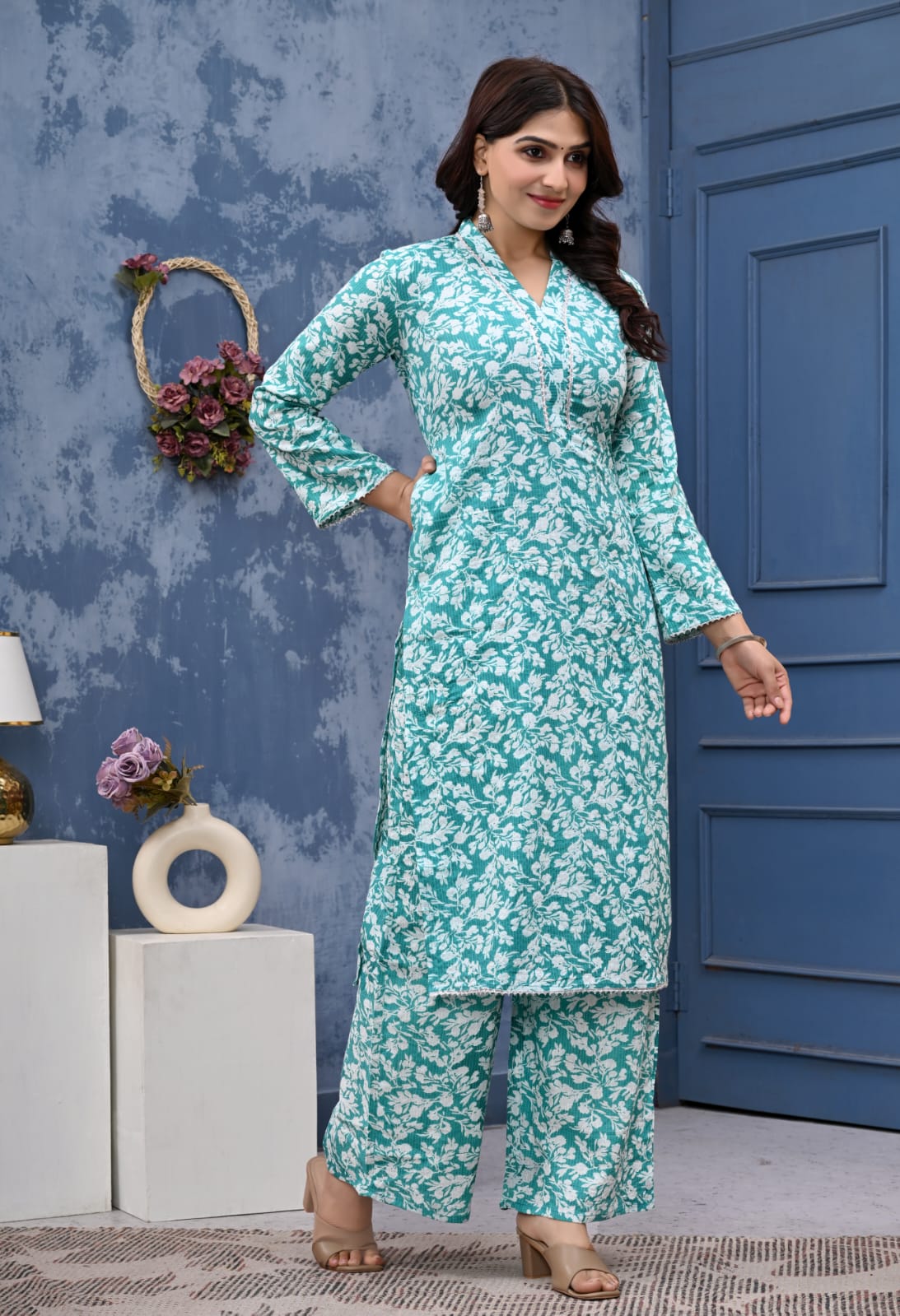 Bannisaa Aqua Bloom Jaipur Cotton Kurta Co-ord Set