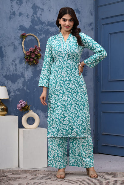 Bannisaa Aqua Bloom Jaipur Cotton Kurta Co-ord Set