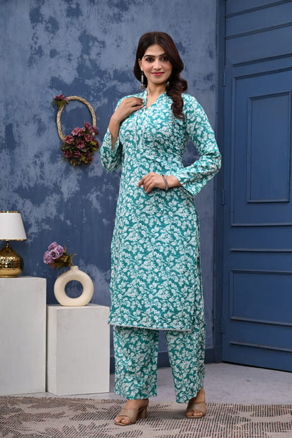 Bannisaa Aqua Bloom Jaipur Cotton Kurta Co-ord Set
