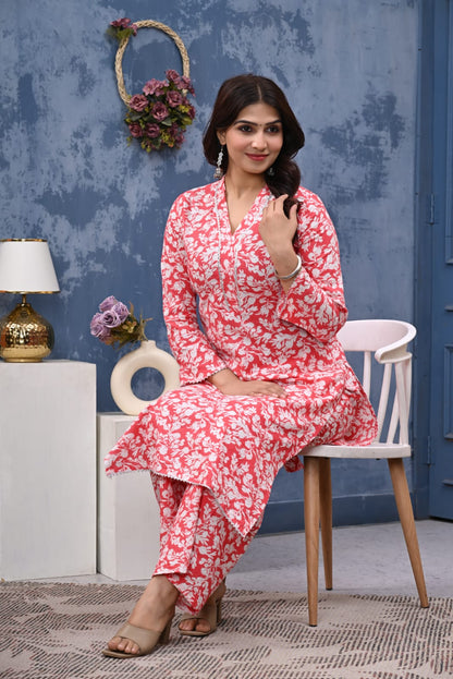 Bannisaa Gulnaar Red Jaipur Cotton Kurta Co-ord Set