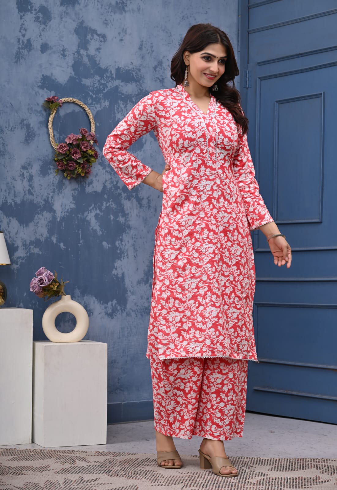Bannisaa Gulnaar Red Jaipur Cotton Kurta Co-ord Set