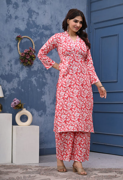 Bannisaa Gulnaar Red Jaipur Cotton Kurta Co-ord Set