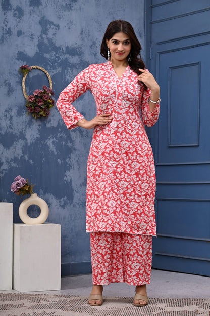 Bannisaa Gulnaar Red Jaipur Cotton Kurta Co-ord Set