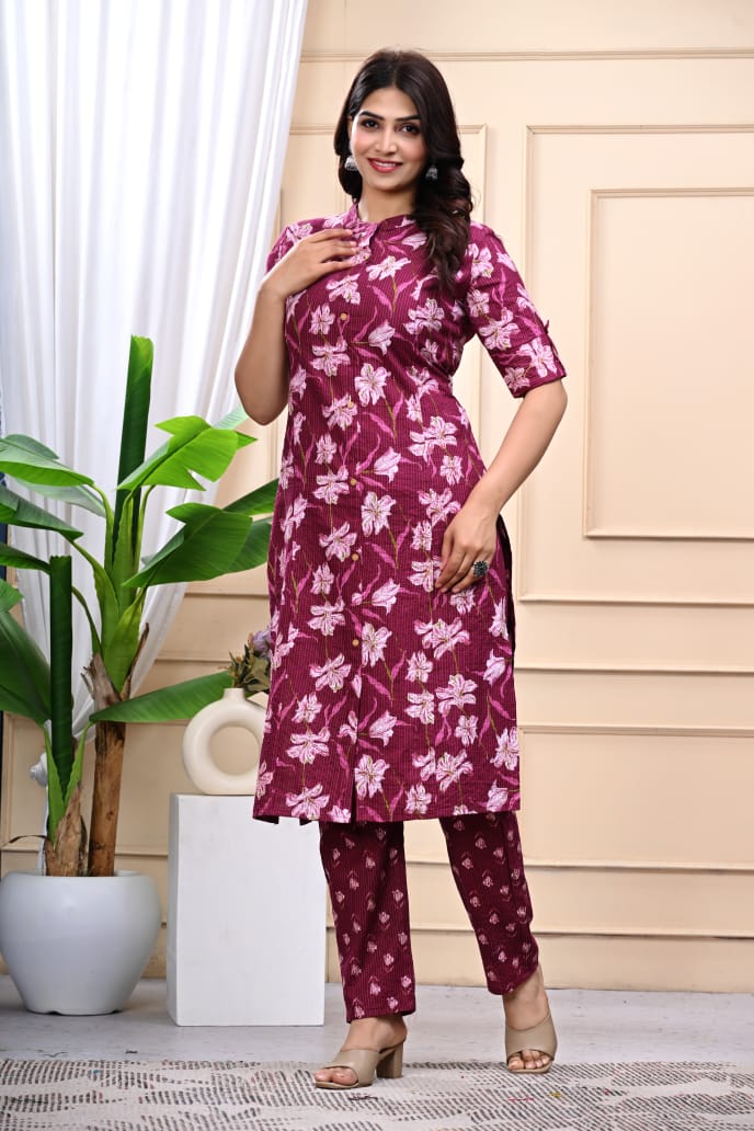 Bannisaa Maroon Floral Printed Cotton Kurti Co-ord Set with Pant