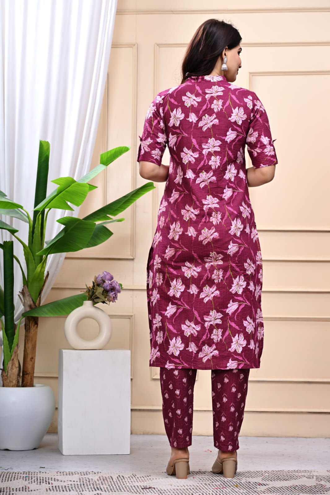Bannisaa Maroon Floral Printed Cotton Kurti Co-ord Set with Pant
