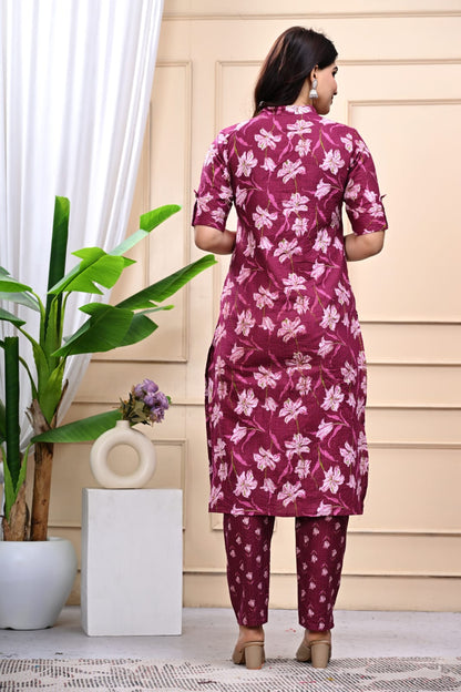 Bannisaa Maroon Floral Printed Cotton Kurti Co-ord Set with Pant
