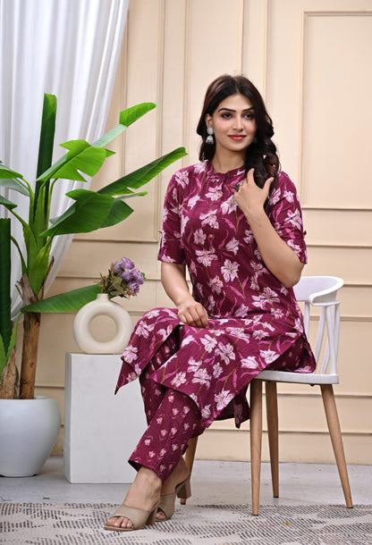 Bannisaa Maroon Floral Printed Cotton Kurti Co-ord Set with Pant