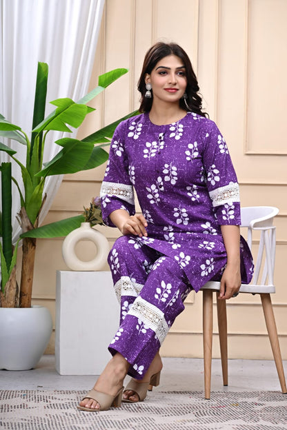 Bannisaa Purple Floral Cotton Kurta Co-ord Set with Lace Detailing