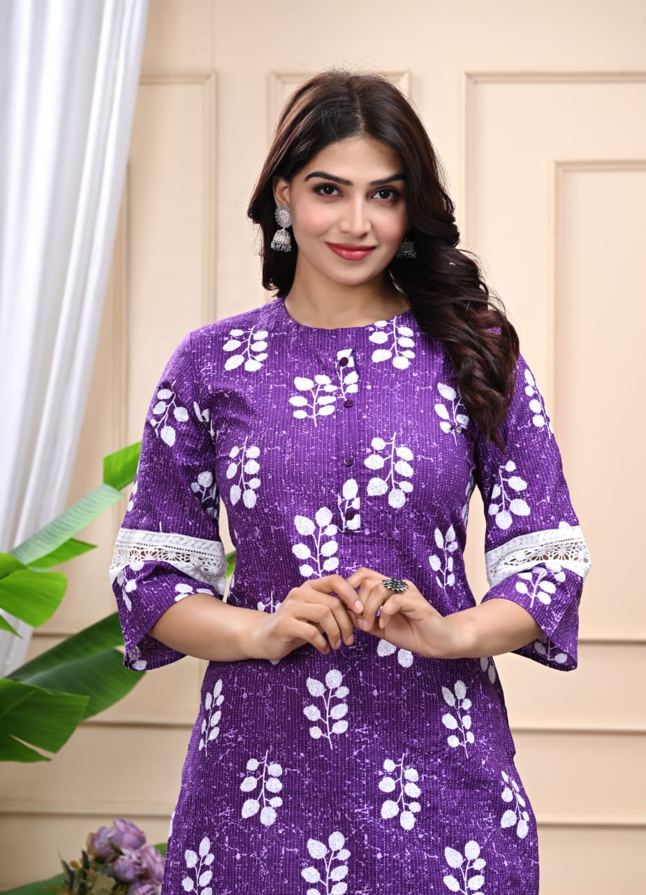 Bannisaa Purple Floral Cotton Kurta Co-ord Set with Lace Detailing