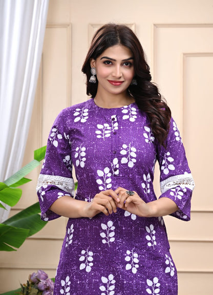 Bannisaa Purple Floral Cotton Kurta Co-ord Set with Lace Detailing