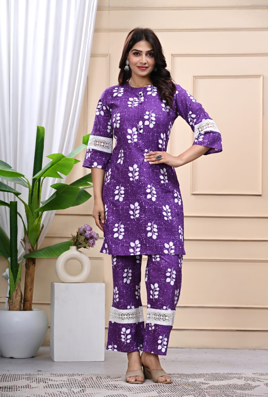 Bannisaa Purple Floral Cotton Kurta Co-ord Set with Lace Detailing