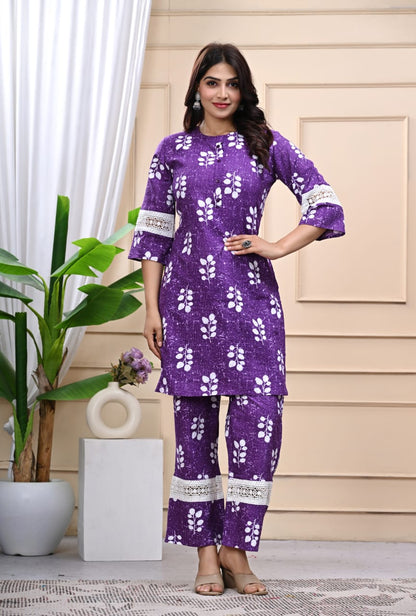 Bannisaa Purple Floral Cotton Kurta Co-ord Set with Lace Detailing