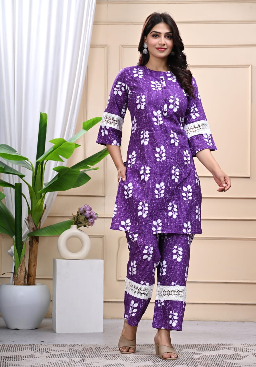 Bannisaa Purple Floral Cotton Kurta Co-ord Set with Lace Detailing