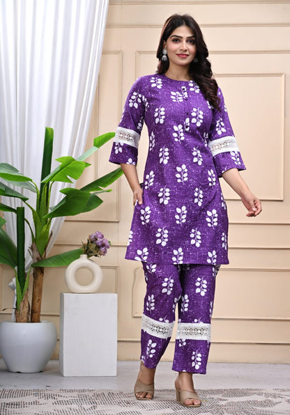 Bannisaa Purple Floral Cotton Kurta Co-ord Set with Lace Detailing