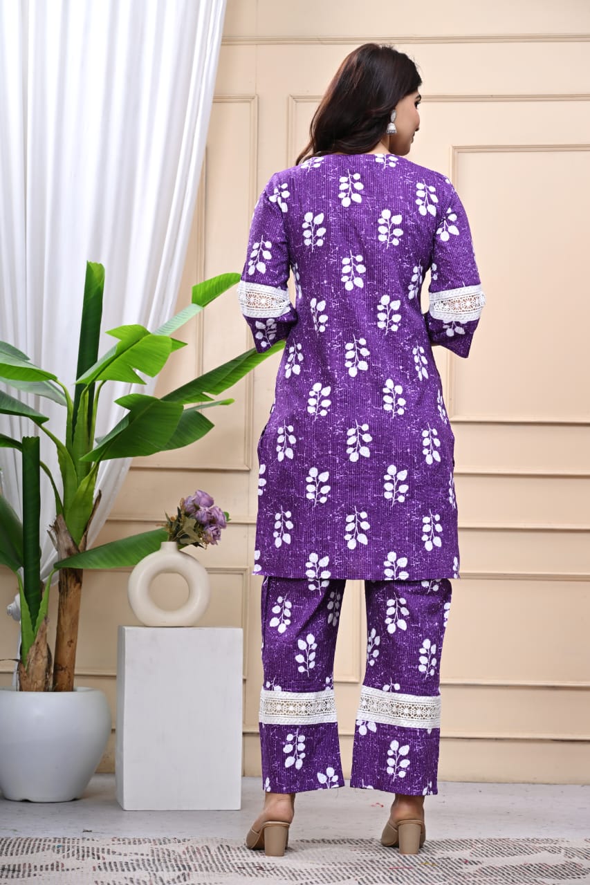 Bannisaa Purple Floral Cotton Kurta Co-ord Set with Lace Detailing