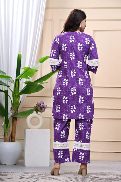 Bannisaa Purple Floral Cotton Kurta Co-ord Set with Lace Detailing