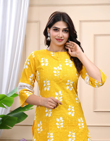 Banisaa Yellow Floral Cotton Kurta Co-ord Set with Lace Detailing
