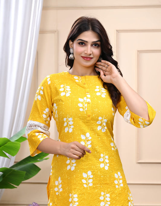Banisaa Yellow Floral Cotton Kurta Co-ord Set with Lace Detailing