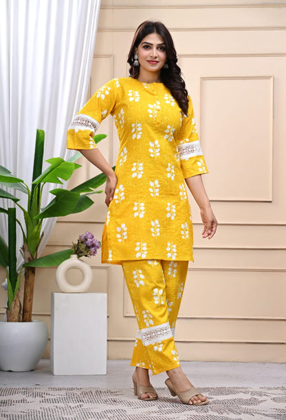 Banisaa Yellow Floral Cotton Kurta Co-ord Set with Lace Detailing