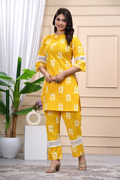 Banisaa Yellow Floral Cotton Kurta Co-ord Set with Lace Detailing