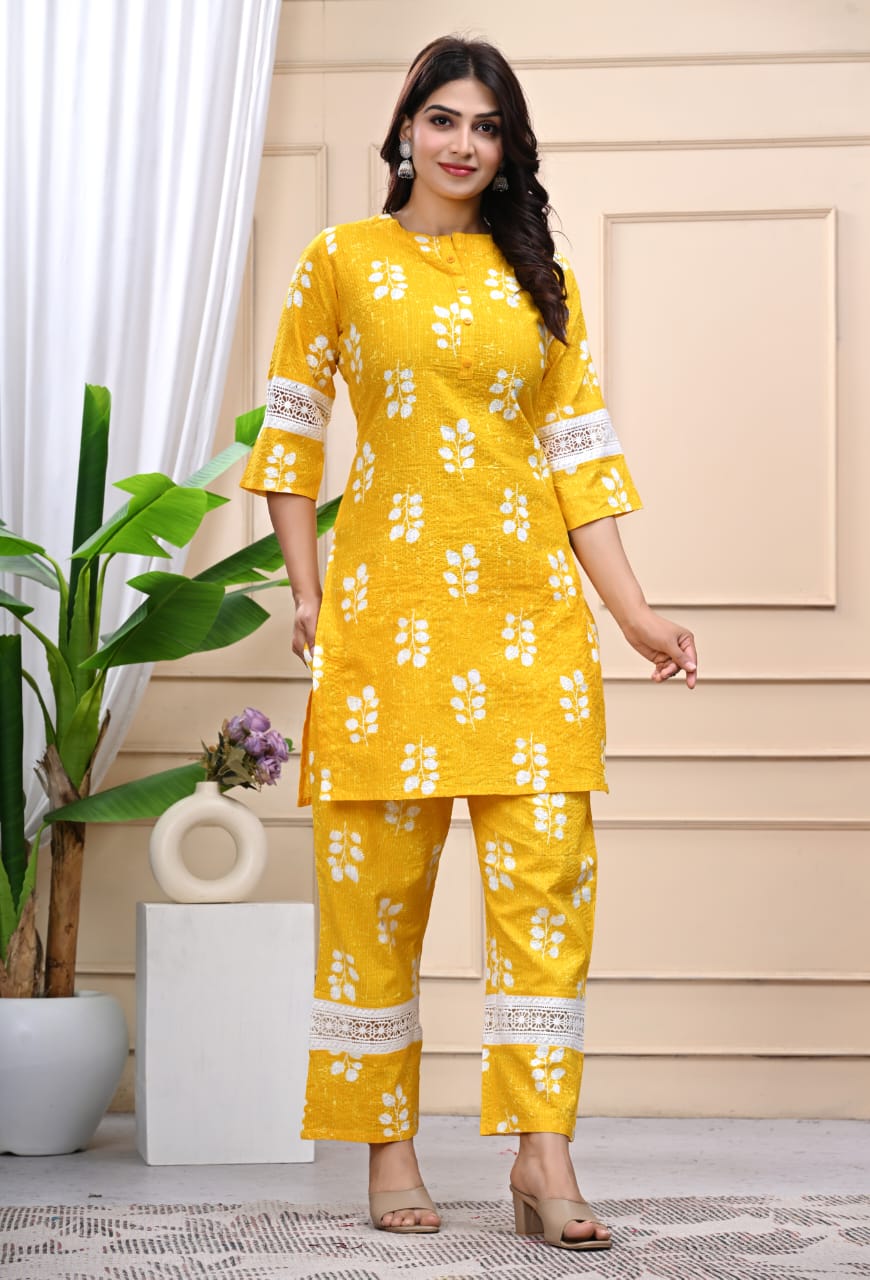 Banisaa Yellow Floral Cotton Kurta Co-ord Set with Lace Detailing