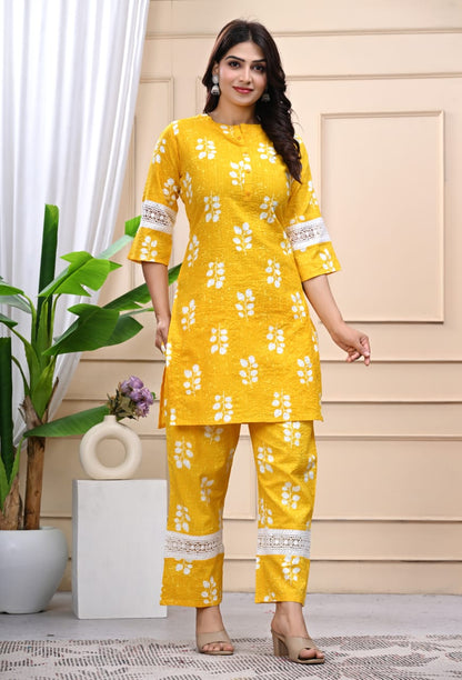 Banisaa Yellow Floral Cotton Kurta Co-ord Set with Lace Detailing
