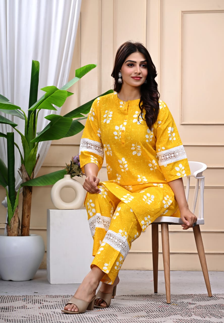 Banisaa Yellow Floral Cotton Kurta Co-ord Set with Lace Detailing