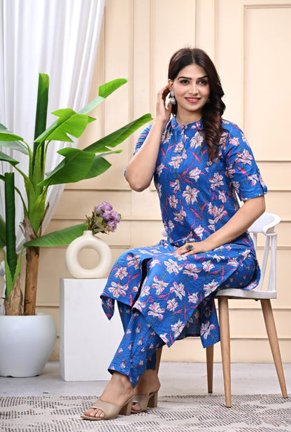 Bannisaa Blue Floral Cotton Kurti Co-ord Set with Pant – Elegant Everyday Wear