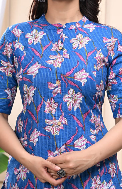 Bannisaa Blue Floral Cotton Kurti Co-ord Set with Pant – Elegant Everyday Wear