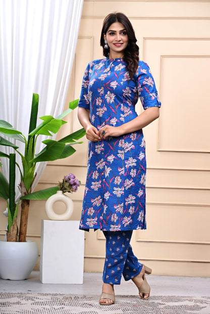 Bannisaa Blue Floral Cotton Kurti Co-ord Set with Pant – Elegant Everyday Wear