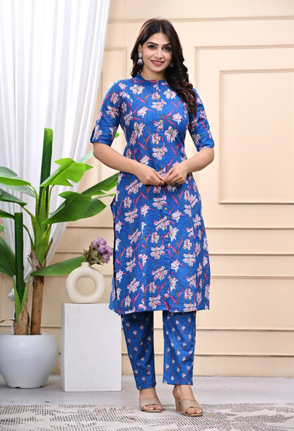 Bannisaa Blue Floral Cotton Kurti Co-ord Set with Pant – Elegant Everyday Wear