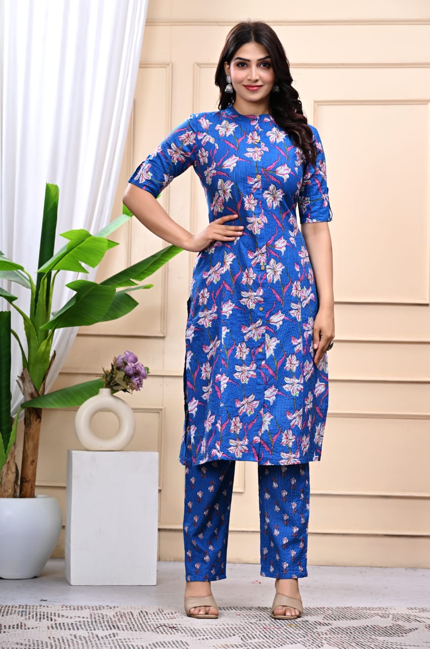 Bannisaa Blue Floral Cotton Kurti Co-ord Set with Pant – Elegant Everyday Wear
