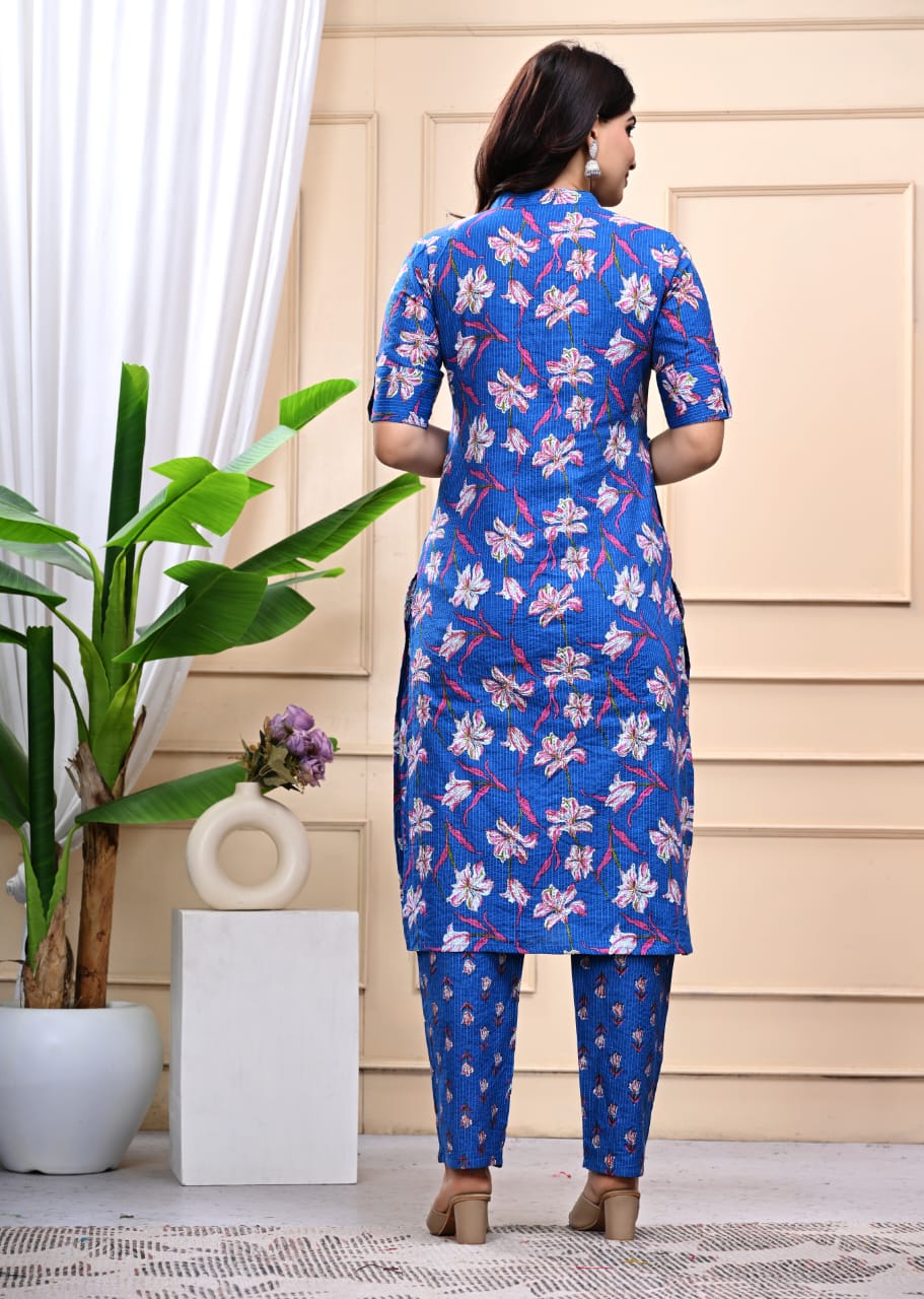 Bannisaa Blue Floral Cotton Kurti Co-ord Set with Pant – Elegant Everyday Wear