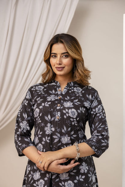 Bannisaa Black Floral A-Line Cotton Kurta Dress