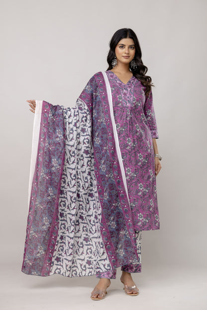 Bannisaa Mauve Purple Floral Cotton 3 piece Kurta Set with Dupatta