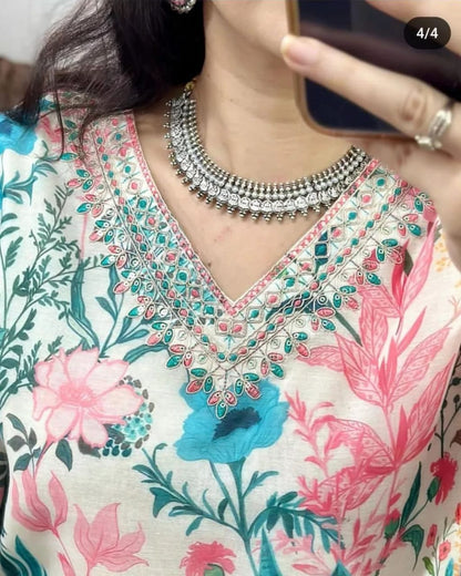 Bannisaa Ivory & Pastel Floral Organza 3-Piece Kurta Set with Dupatta