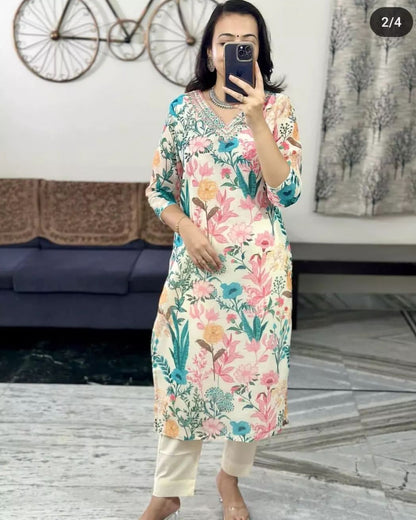 Bannisaa Ivory & Pastel Floral Organza 3-Piece Kurta Set with Dupatta